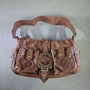 Betsey Johnson Brown Genuine Leather Shoulderbag Studded Lined Pockets